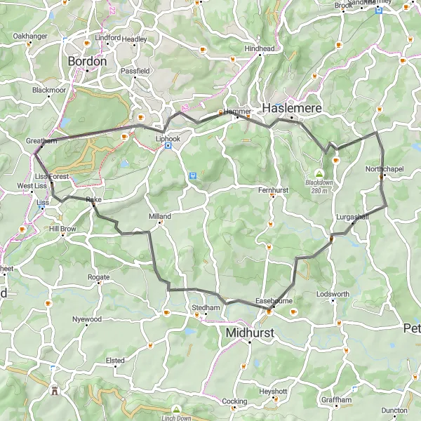 Map miniature of "Scenic Surrey Route" cycling inspiration in Surrey, East and West Sussex, United Kingdom. Generated by Tarmacs.app cycling route planner