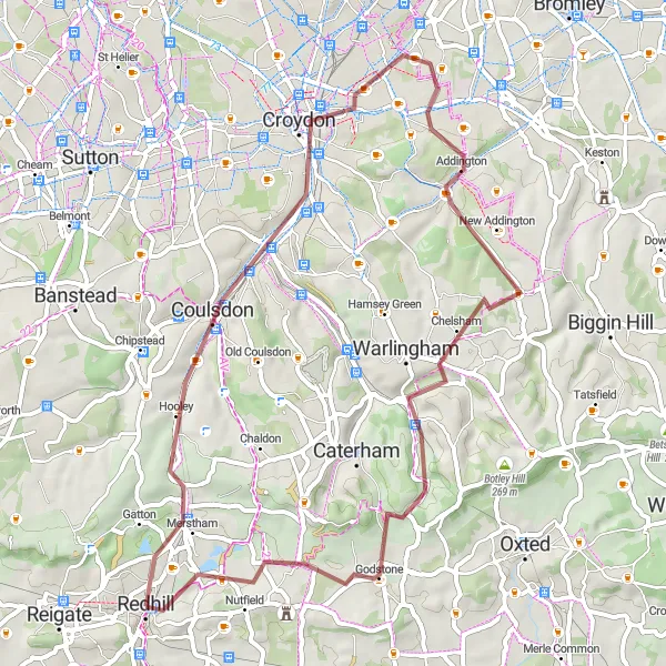 Map miniature of "The Gravel Explorer" cycling inspiration in Surrey, East and West Sussex, United Kingdom. Generated by Tarmacs.app cycling route planner