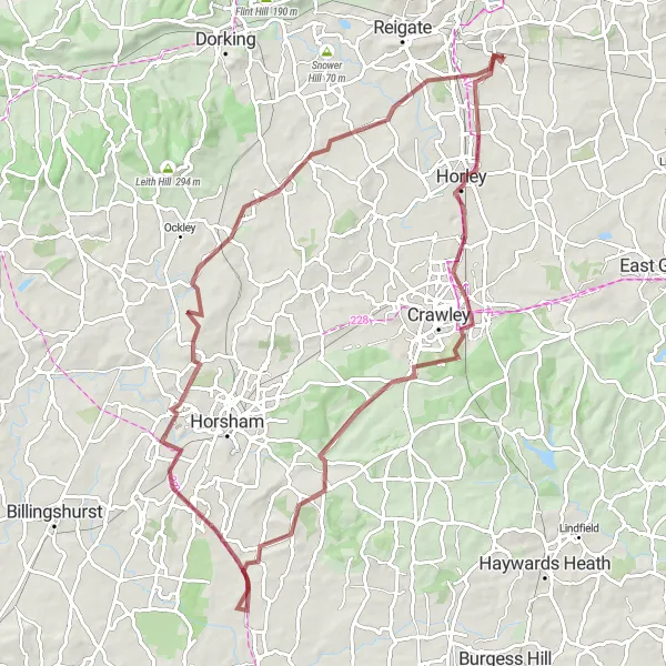 Map miniature of "Exploring Rural Surrey and East Sussex" cycling inspiration in Surrey, East and West Sussex, United Kingdom. Generated by Tarmacs.app cycling route planner