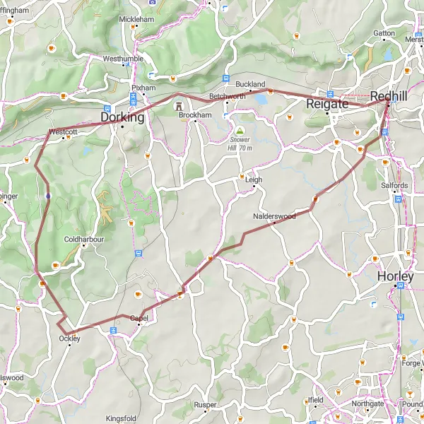 Map miniature of "Dorking Hills and More" cycling inspiration in Surrey, East and West Sussex, United Kingdom. Generated by Tarmacs.app cycling route planner