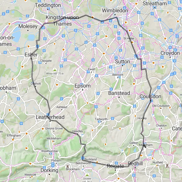 Map miniature of "Redhills and Beyond" cycling inspiration in Surrey, East and West Sussex, United Kingdom. Generated by Tarmacs.app cycling route planner