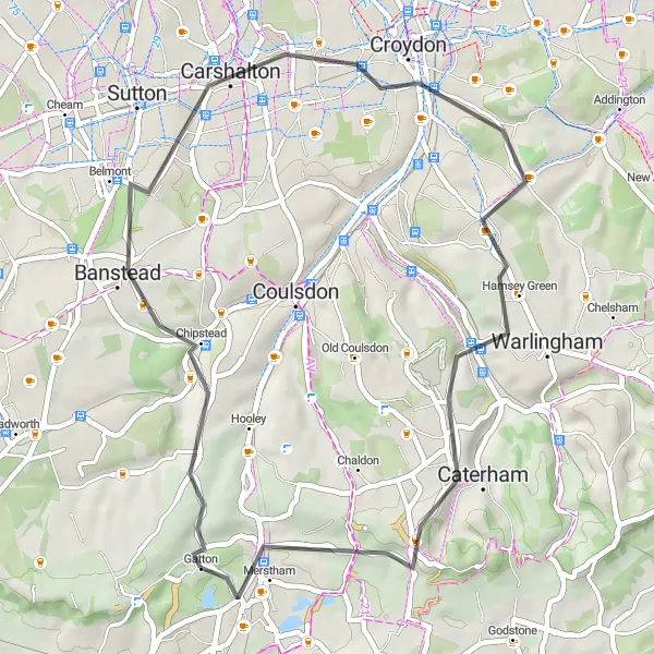 Map miniature of "Banstead and Croydon Adventure" cycling inspiration in Surrey, East and West Sussex, United Kingdom. Generated by Tarmacs.app cycling route planner