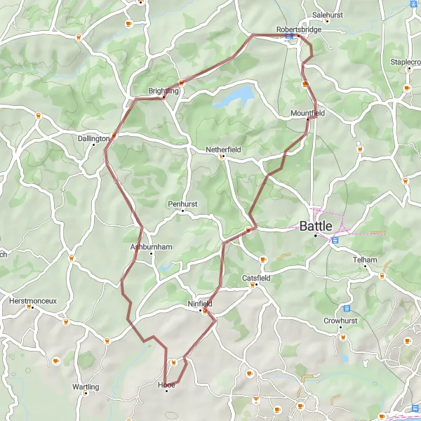 Map miniature of "The Gravel Escape" cycling inspiration in Surrey, East and West Sussex, United Kingdom. Generated by Tarmacs.app cycling route planner