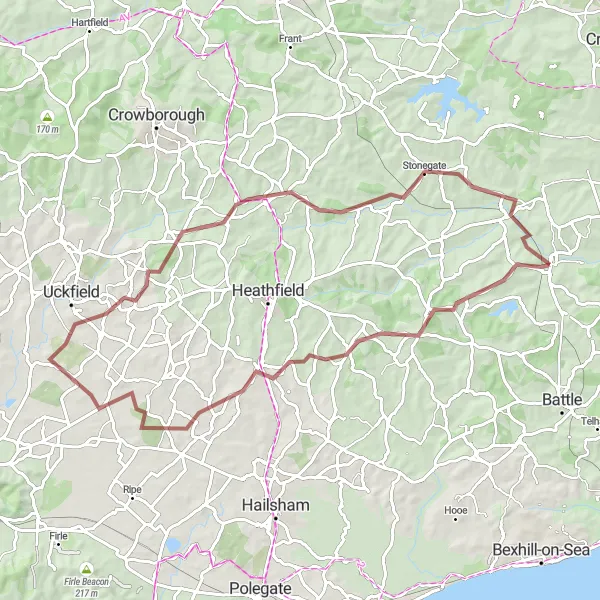 Map miniature of "The Gravel Getaway" cycling inspiration in Surrey, East and West Sussex, United Kingdom. Generated by Tarmacs.app cycling route planner