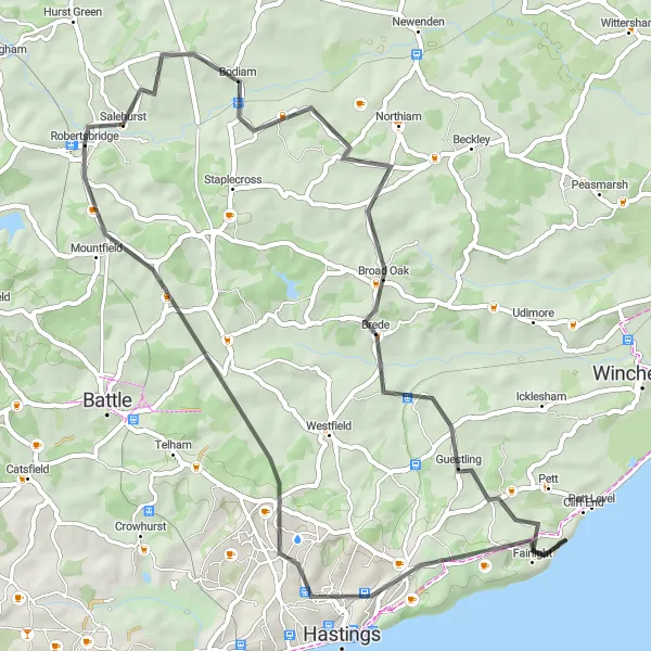 Map miniature of "The Road Adventure" cycling inspiration in Surrey, East and West Sussex, United Kingdom. Generated by Tarmacs.app cycling route planner