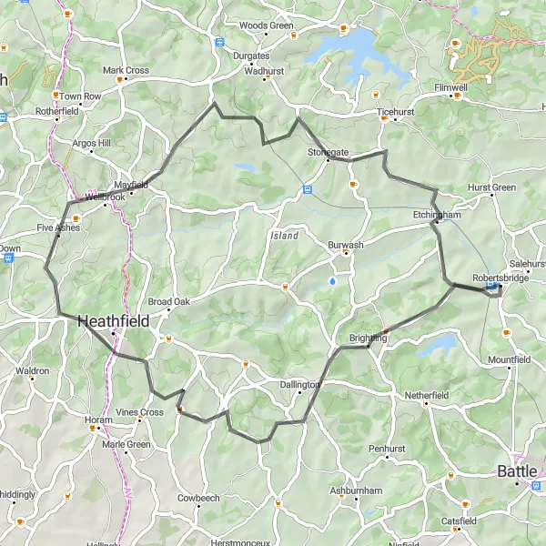 Map miniature of "Challenging Road Adventure" cycling inspiration in Surrey, East and West Sussex, United Kingdom. Generated by Tarmacs.app cycling route planner