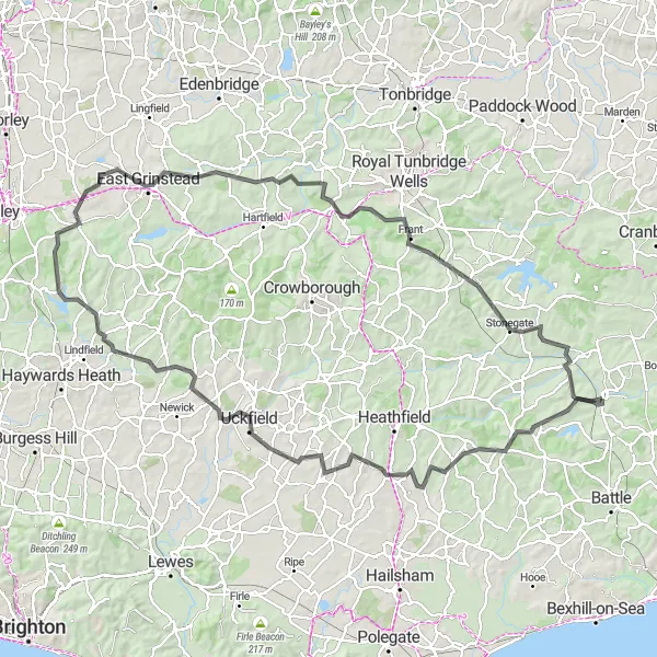 Map miniature of "Ultimate Road Challenge" cycling inspiration in Surrey, East and West Sussex, United Kingdom. Generated by Tarmacs.app cycling route planner