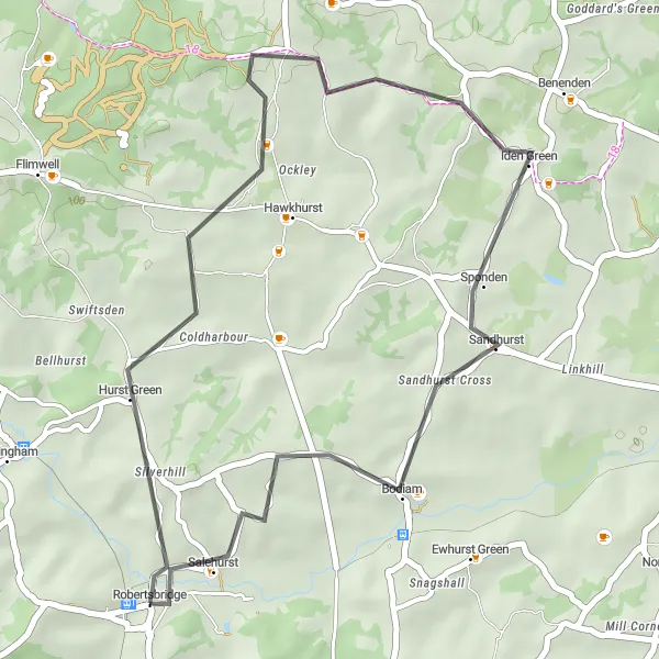 Map miniature of "Roads and Castles" cycling inspiration in Surrey, East and West Sussex, United Kingdom. Generated by Tarmacs.app cycling route planner