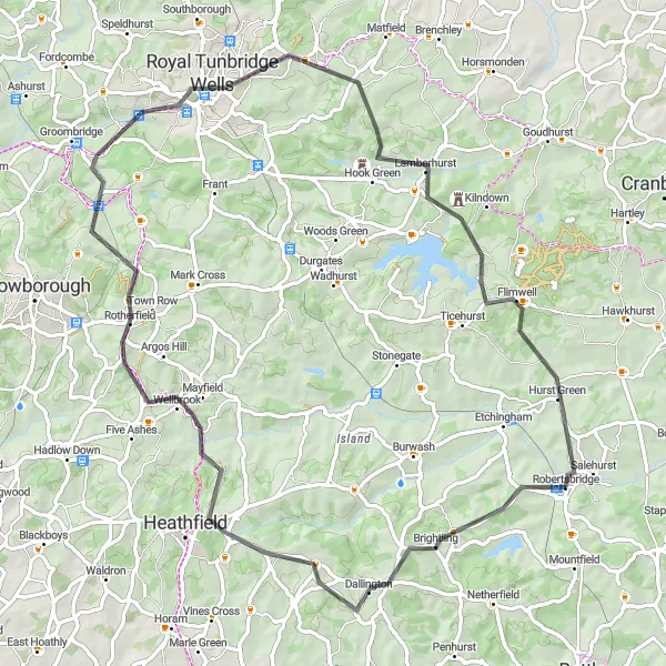 Map miniature of "The Robertbridge Loop" cycling inspiration in Surrey, East and West Sussex, United Kingdom. Generated by Tarmacs.app cycling route planner