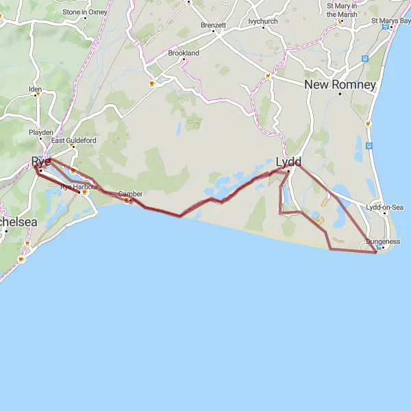 Map miniature of "Gravel Adventure Around Rye" cycling inspiration in Surrey, East and West Sussex, United Kingdom. Generated by Tarmacs.app cycling route planner