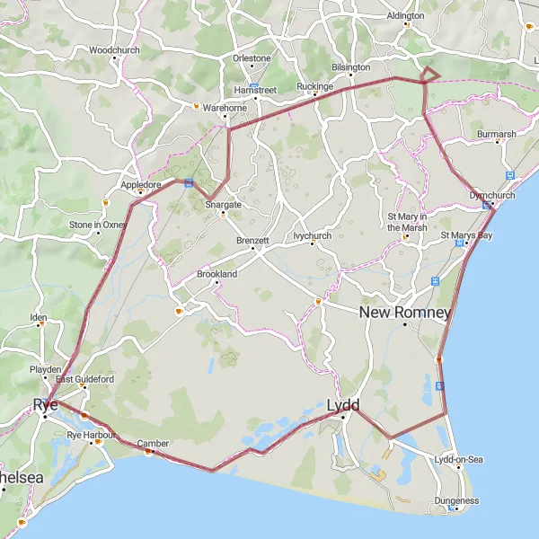 Map miniature of "The Gravel Coastal Escape" cycling inspiration in Surrey, East and West Sussex, United Kingdom. Generated by Tarmacs.app cycling route planner
