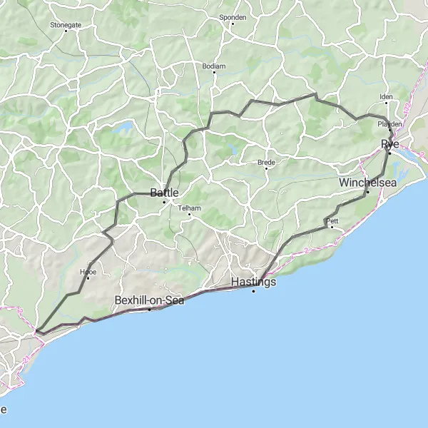 Map miniature of "The Three Castles Ride" cycling inspiration in Surrey, East and West Sussex, United Kingdom. Generated by Tarmacs.app cycling route planner