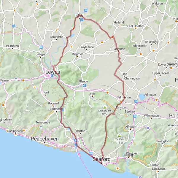 Map miniature of "Seaford Coastal Gravel Ride" cycling inspiration in Surrey, East and West Sussex, United Kingdom. Generated by Tarmacs.app cycling route planner