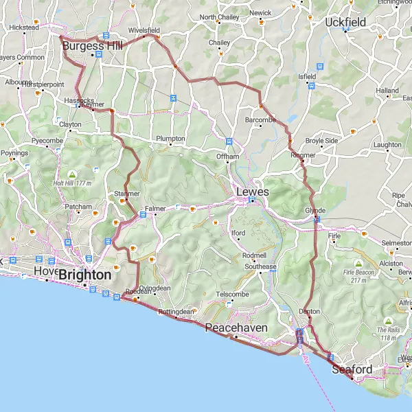 Map miniature of "South Downs Gravel Loop" cycling inspiration in Surrey, East and West Sussex, United Kingdom. Generated by Tarmacs.app cycling route planner