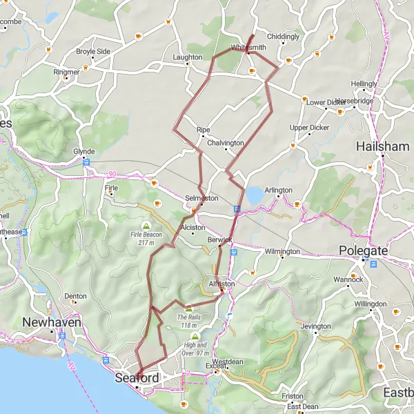 Map miniature of "Seaford Countryside Gravel Ride" cycling inspiration in Surrey, East and West Sussex, United Kingdom. Generated by Tarmacs.app cycling route planner