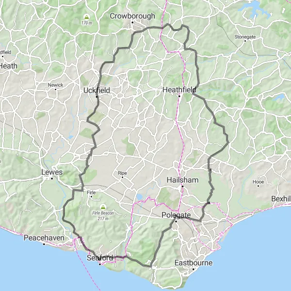 Map miniature of "Seaford to Uckfield Loop" cycling inspiration in Surrey, East and West Sussex, United Kingdom. Generated by Tarmacs.app cycling route planner