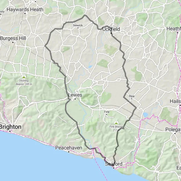 Map miniature of "Seaford to Rodmell Route" cycling inspiration in Surrey, East and West Sussex, United Kingdom. Generated by Tarmacs.app cycling route planner