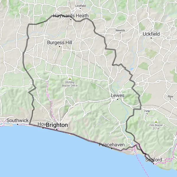 Map miniature of "Seaford to Bishopstone Challenge" cycling inspiration in Surrey, East and West Sussex, United Kingdom. Generated by Tarmacs.app cycling route planner