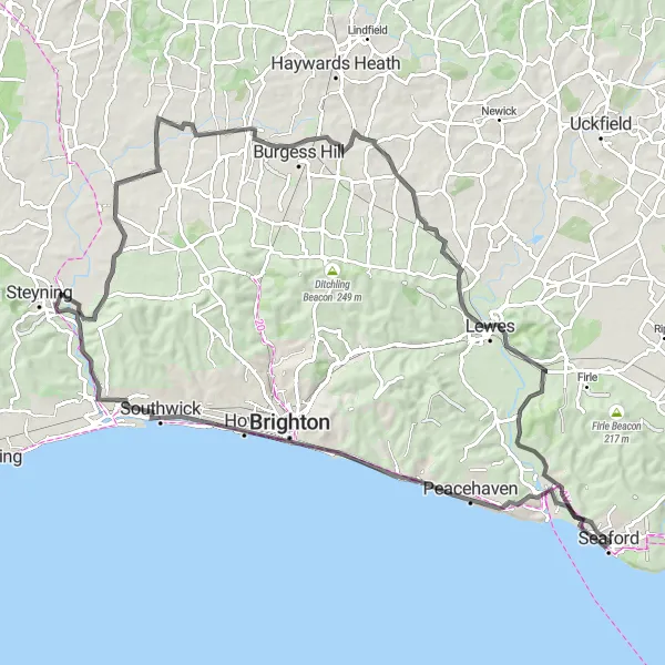 Map miniature of "South Downs Great Loop" cycling inspiration in Surrey, East and West Sussex, United Kingdom. Generated by Tarmacs.app cycling route planner