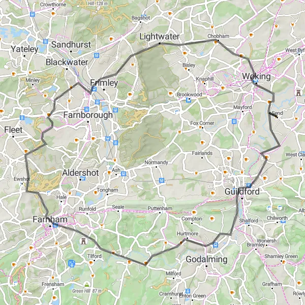 Map miniature of "Guildford to Woking" cycling inspiration in Surrey, East and West Sussex, United Kingdom. Generated by Tarmacs.app cycling route planner