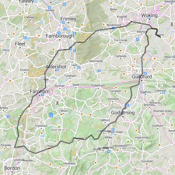 Map miniature of "Glorious Guildford" cycling inspiration in Surrey, East and West Sussex, United Kingdom. Generated by Tarmacs.app cycling route planner