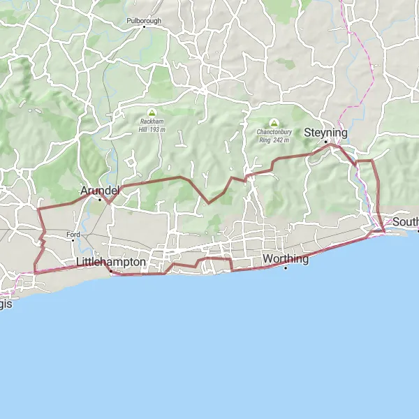 Map miniature of "Downland Discovery" cycling inspiration in Surrey, East and West Sussex, United Kingdom. Generated by Tarmacs.app cycling route planner