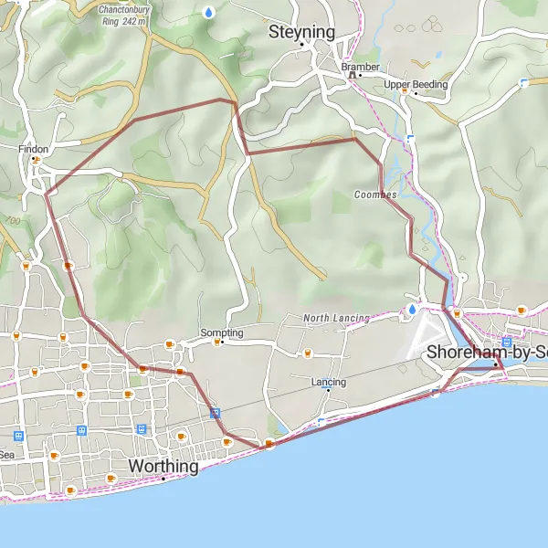 Map miniature of "The Gravel West Sussex Loop" cycling inspiration in Surrey, East and West Sussex, United Kingdom. Generated by Tarmacs.app cycling route planner