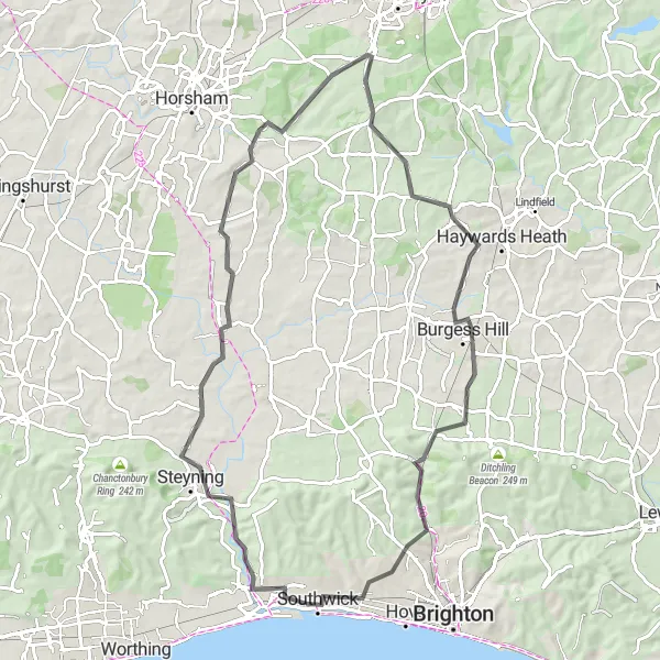 Map miniature of "Shoreham Stunner" cycling inspiration in Surrey, East and West Sussex, United Kingdom. Generated by Tarmacs.app cycling route planner