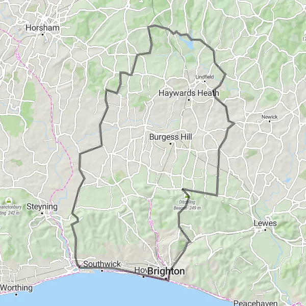 Map miniature of "The Surrey Hills Challenge" cycling inspiration in Surrey, East and West Sussex, United Kingdom. Generated by Tarmacs.app cycling route planner