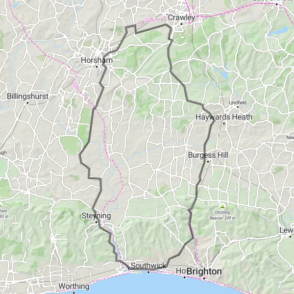 Map miniature of "The South Downs Circuit" cycling inspiration in Surrey, East and West Sussex, United Kingdom. Generated by Tarmacs.app cycling route planner