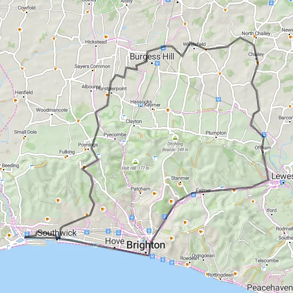 Map miniature of "The Sussex Ridge" cycling inspiration in Surrey, East and West Sussex, United Kingdom. Generated by Tarmacs.app cycling route planner