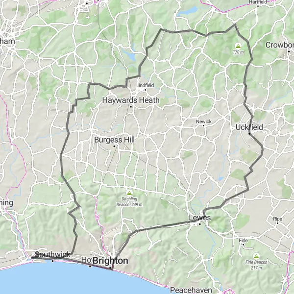 Map miniature of "The Sussex Castle Tour" cycling inspiration in Surrey, East and West Sussex, United Kingdom. Generated by Tarmacs.app cycling route planner