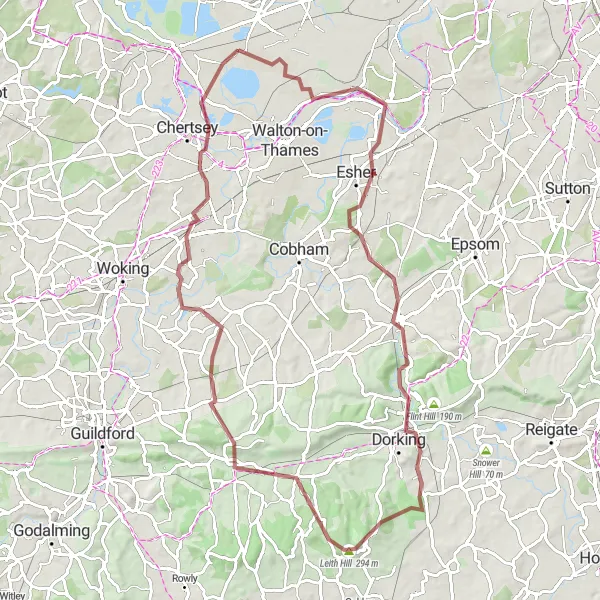 Map miniature of "Hampton Court Palace and Leith Hill Discovery" cycling inspiration in Surrey, East and West Sussex, United Kingdom. Generated by Tarmacs.app cycling route planner