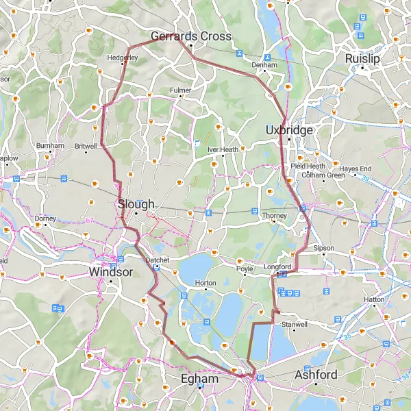 Map miniature of "The Gravel Trail" cycling inspiration in Surrey, East and West Sussex, United Kingdom. Generated by Tarmacs.app cycling route planner