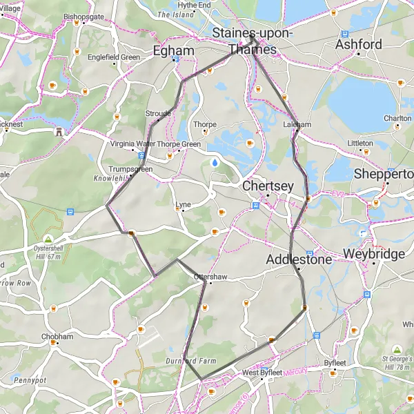 Map miniature of "Addlestone and Virginia Water Loop" cycling inspiration in Surrey, East and West Sussex, United Kingdom. Generated by Tarmacs.app cycling route planner