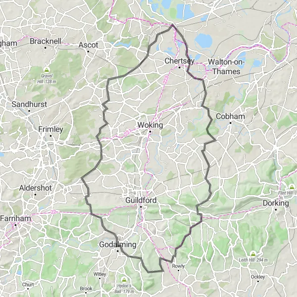 Map miniature of "Weybridge and Godalming Circular Route" cycling inspiration in Surrey, East and West Sussex, United Kingdom. Generated by Tarmacs.app cycling route planner