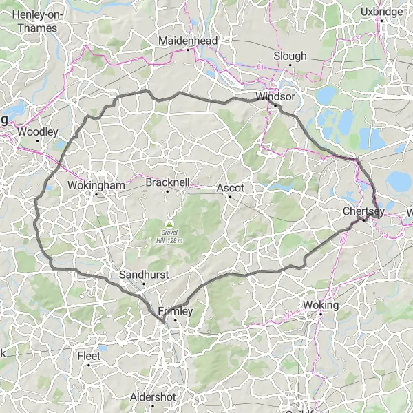 Map miniature of "Breathtaking Windsor and Staines" cycling inspiration in Surrey, East and West Sussex, United Kingdom. Generated by Tarmacs.app cycling route planner