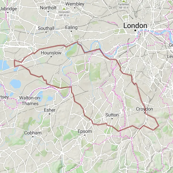 Map miniature of "Stanwell Gravel Adventure" cycling inspiration in Surrey, East and West Sussex, United Kingdom. Generated by Tarmacs.app cycling route planner