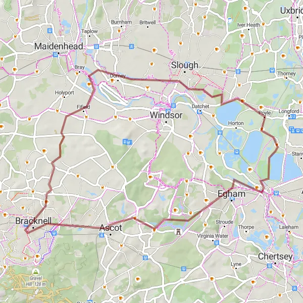Map miniature of "Egham Circular Gravel Route" cycling inspiration in Surrey, East and West Sussex, United Kingdom. Generated by Tarmacs.app cycling route planner