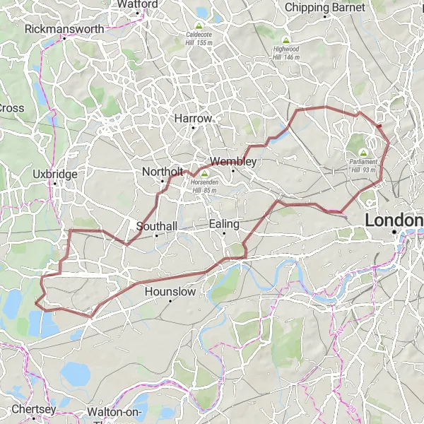 Map miniature of "Southall to Acton Gravel Adventure" cycling inspiration in Surrey, East and West Sussex, United Kingdom. Generated by Tarmacs.app cycling route planner