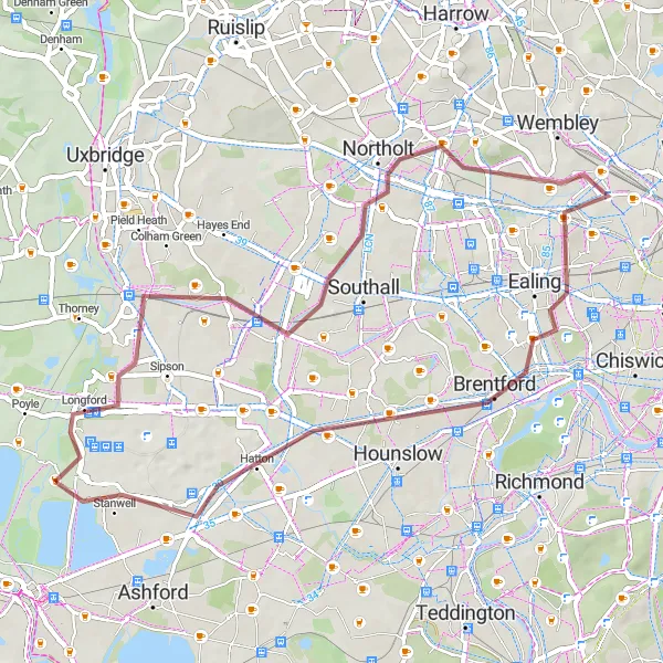 Map miniature of "Ealing Gravel Loop" cycling inspiration in Surrey, East and West Sussex, United Kingdom. Generated by Tarmacs.app cycling route planner