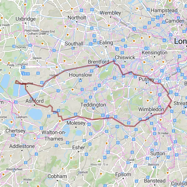 Map miniature of "Thames Path Gravel Ride" cycling inspiration in Surrey, East and West Sussex, United Kingdom. Generated by Tarmacs.app cycling route planner