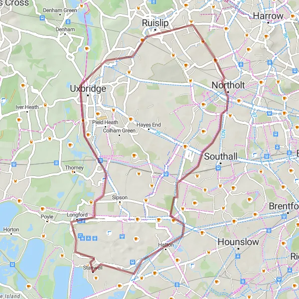 Map miniature of "Stanwell and Uxbridge Gravel Ride" cycling inspiration in Surrey, East and West Sussex, United Kingdom. Generated by Tarmacs.app cycling route planner