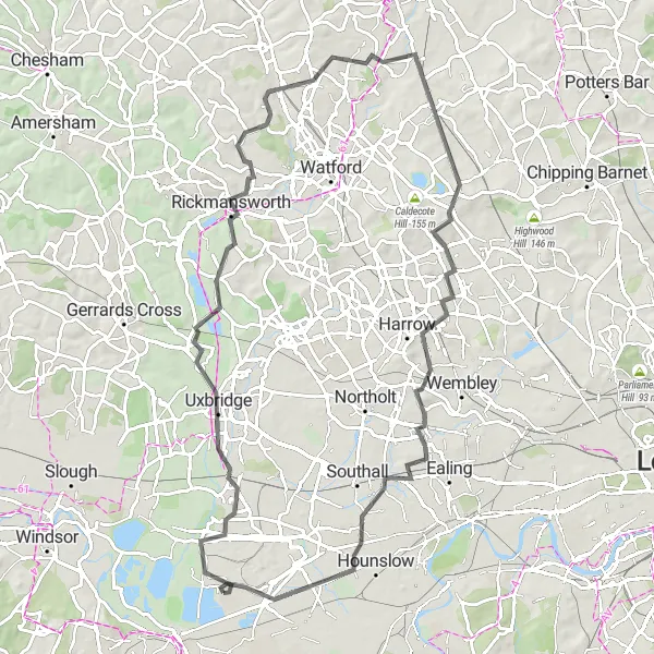 Map miniature of "Stanwell to West Sussex Road Adventure" cycling inspiration in Surrey, East and West Sussex, United Kingdom. Generated by Tarmacs.app cycling route planner