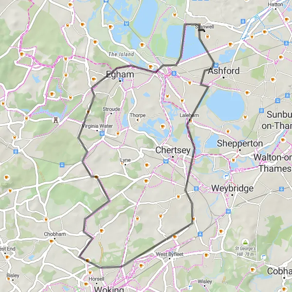 Map miniature of "Stanwell Circular Road Route" cycling inspiration in Surrey, East and West Sussex, United Kingdom. Generated by Tarmacs.app cycling route planner