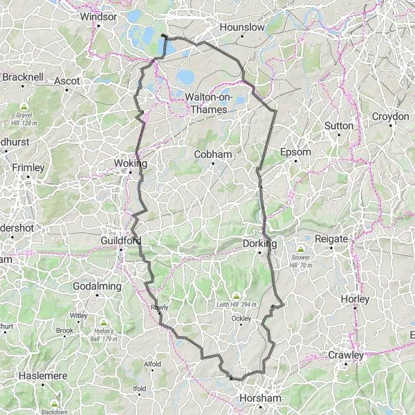 Map miniature of "Stanwell to Surrey and Sussex Epic Ride" cycling inspiration in Surrey, East and West Sussex, United Kingdom. Generated by Tarmacs.app cycling route planner