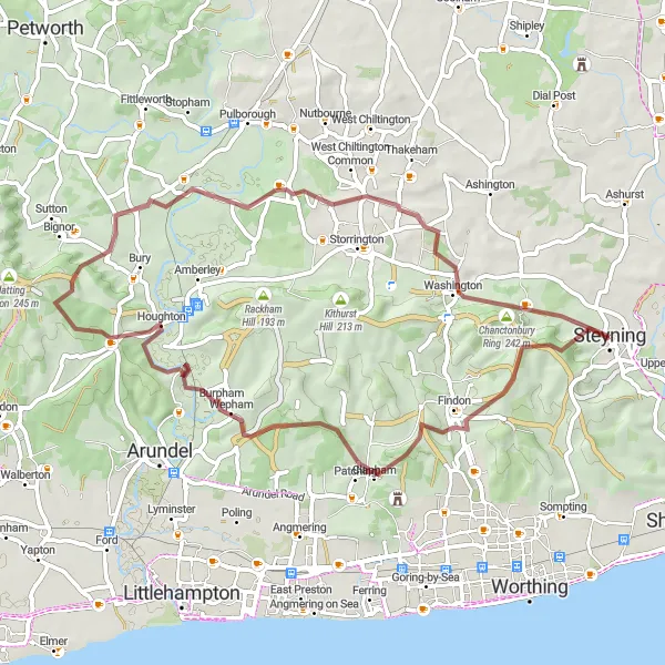 Map miniature of "Scenic Surrey and Sussex Gravel Loop" cycling inspiration in Surrey, East and West Sussex, United Kingdom. Generated by Tarmacs.app cycling route planner