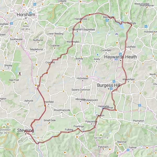 Map miniature of "The Gravel Roundabout" cycling inspiration in Surrey, East and West Sussex, United Kingdom. Generated by Tarmacs.app cycling route planner