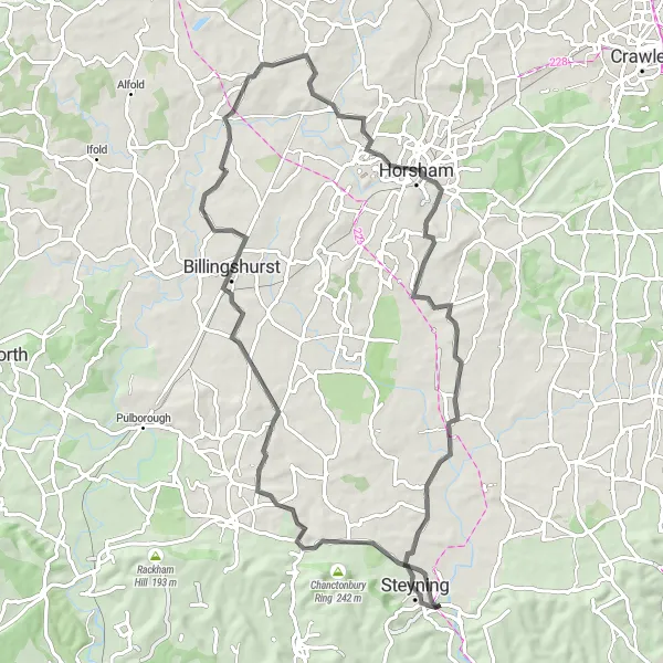 Map miniature of "The Road to Llama Lookout" cycling inspiration in Surrey, East and West Sussex, United Kingdom. Generated by Tarmacs.app cycling route planner