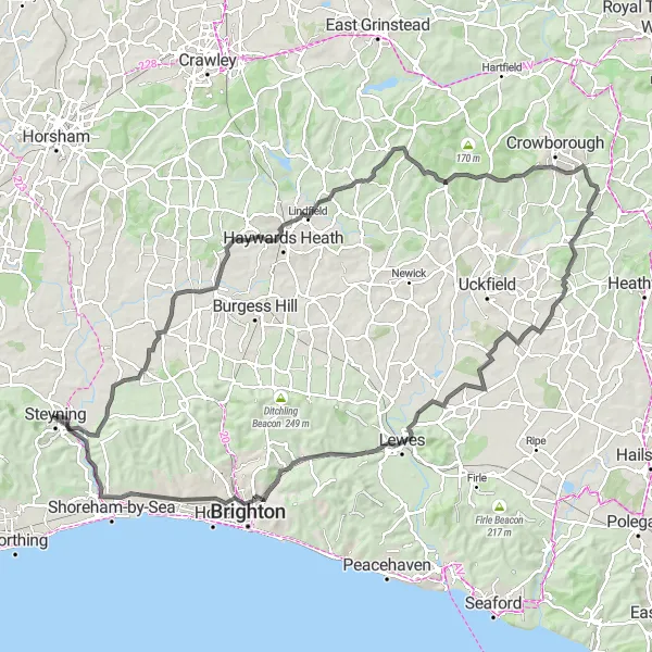 Map miniature of "Scenic Surrey and Sussex Loop" cycling inspiration in Surrey, East and West Sussex, United Kingdom. Generated by Tarmacs.app cycling route planner